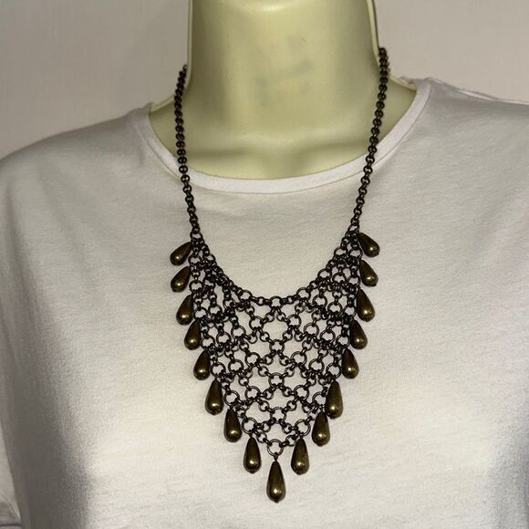 Antique/tarnished gold chain mail beaded statement necklace - Picture 1 of 5